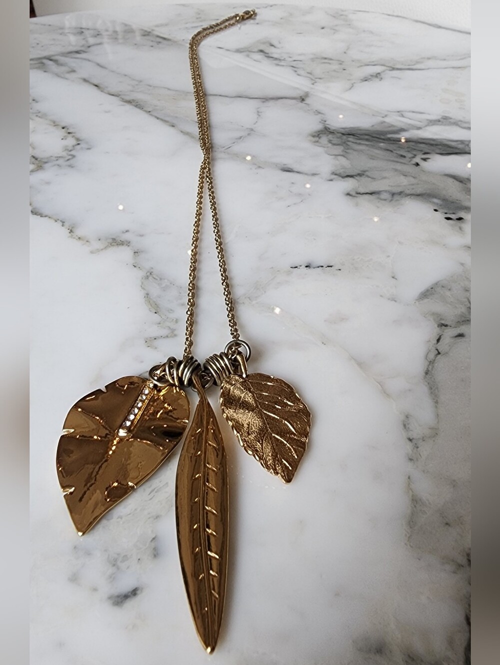 Gold Leaf Trio Pendant Long Chain Necklace
